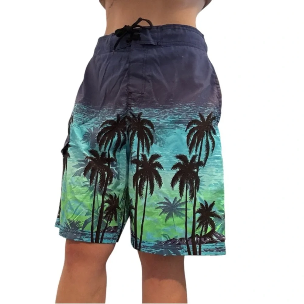 Men's Tropical Palm Print Swim Shorts - Blue/Green